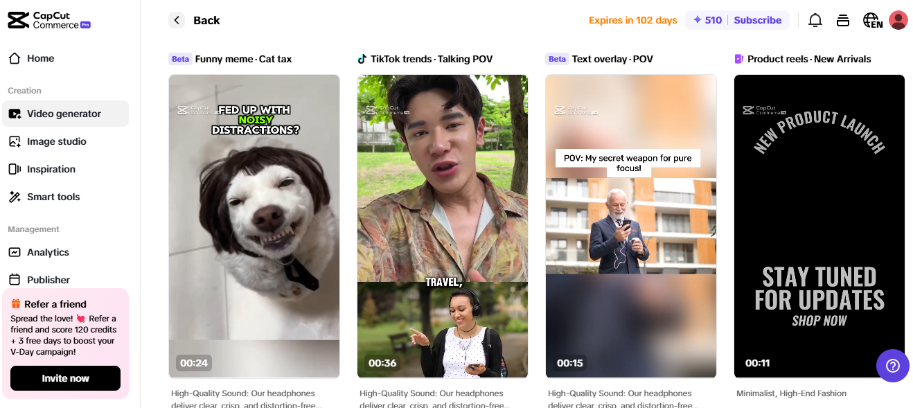Pippit interface showing video templates for content creation, including memes, POV trends, and product reels.